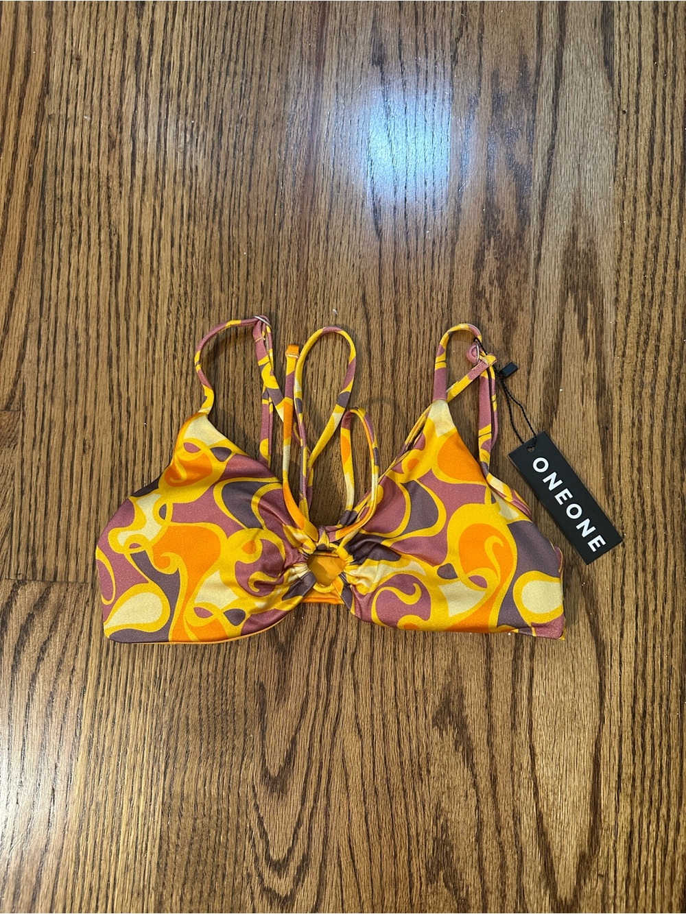 ONEONE Retro Swirl Tie-Front Bikini Top - Yellow & Orange NWT